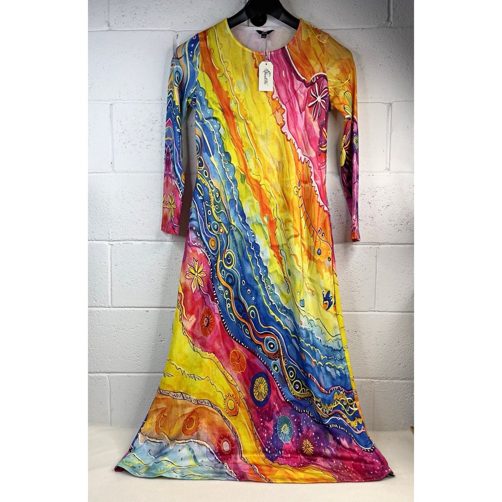 NWT ShallWe Rainbow Maxi Dress Womens Small Tie Dye Abstract Art To Wear Long